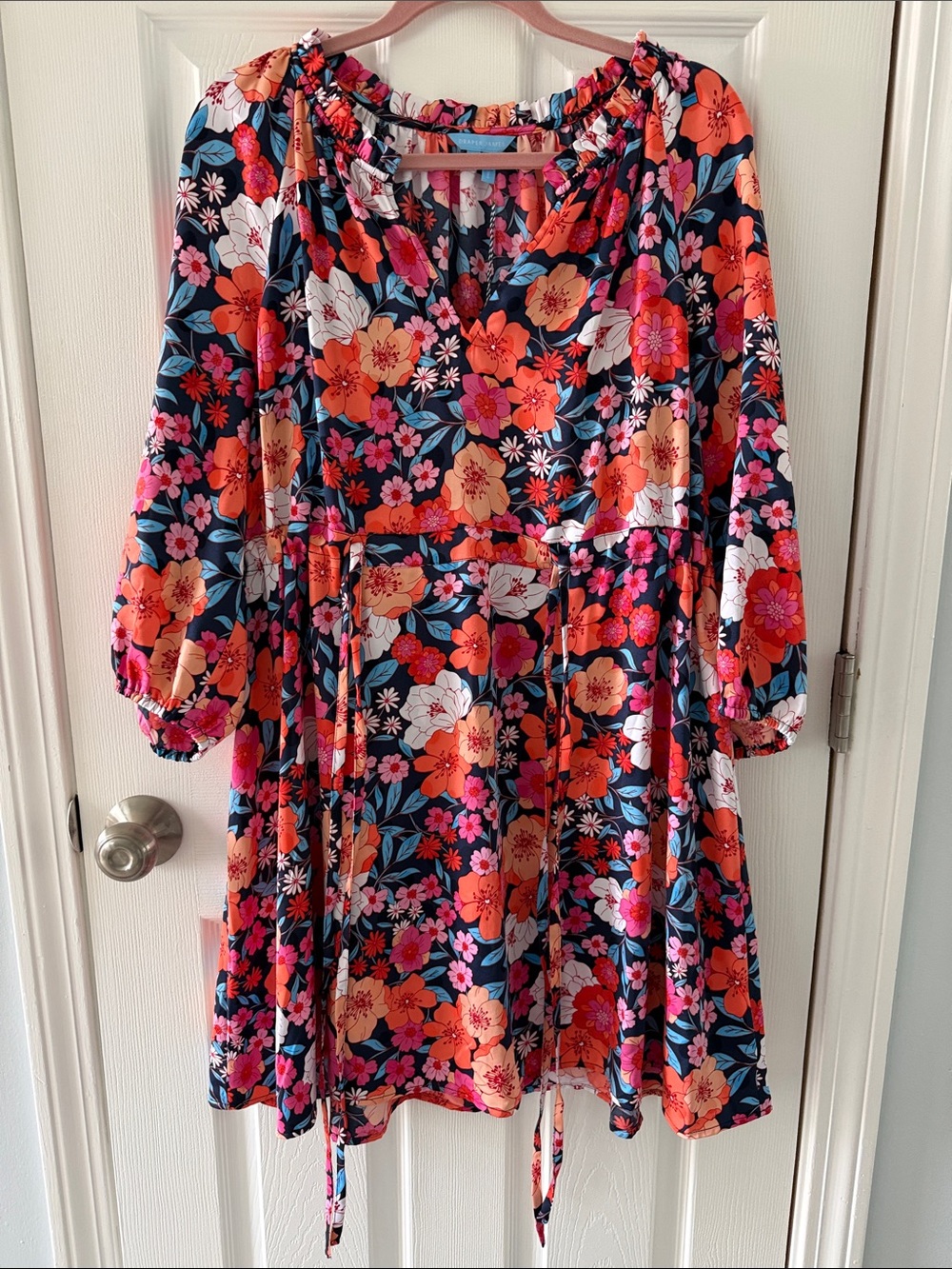 Draper James Coral, Navy & Pink Floral Tie-Waist Casual Dress